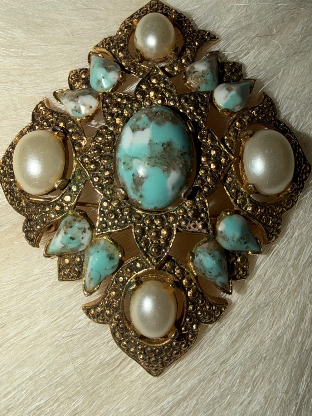 Sarah Coventry Gold-Tone Turquoise & Pearl Cluster Brooch